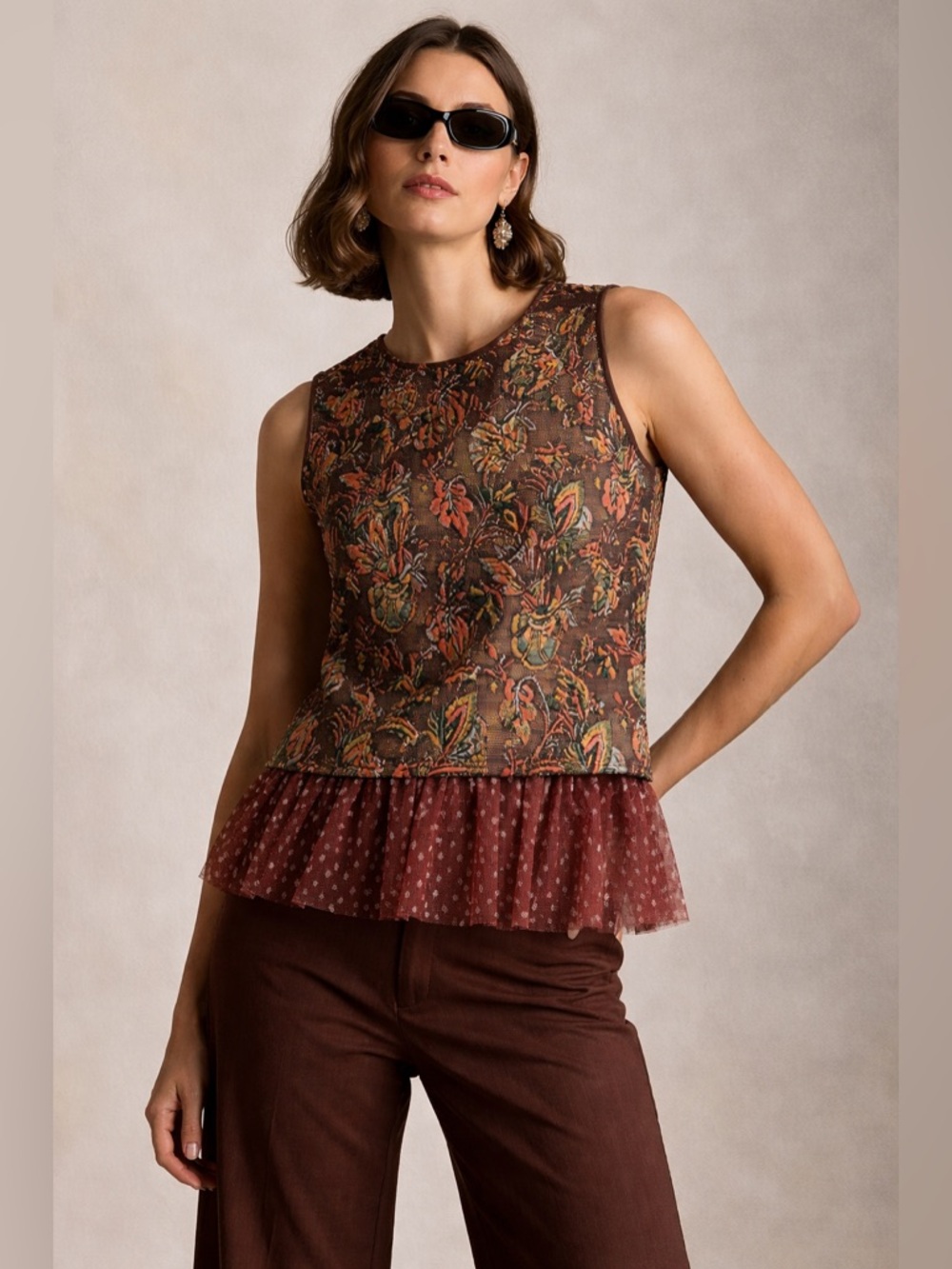 EVA FRANCO Tapestry Peplum Top Floral Brocade Boho Luxury Boutique Statement M